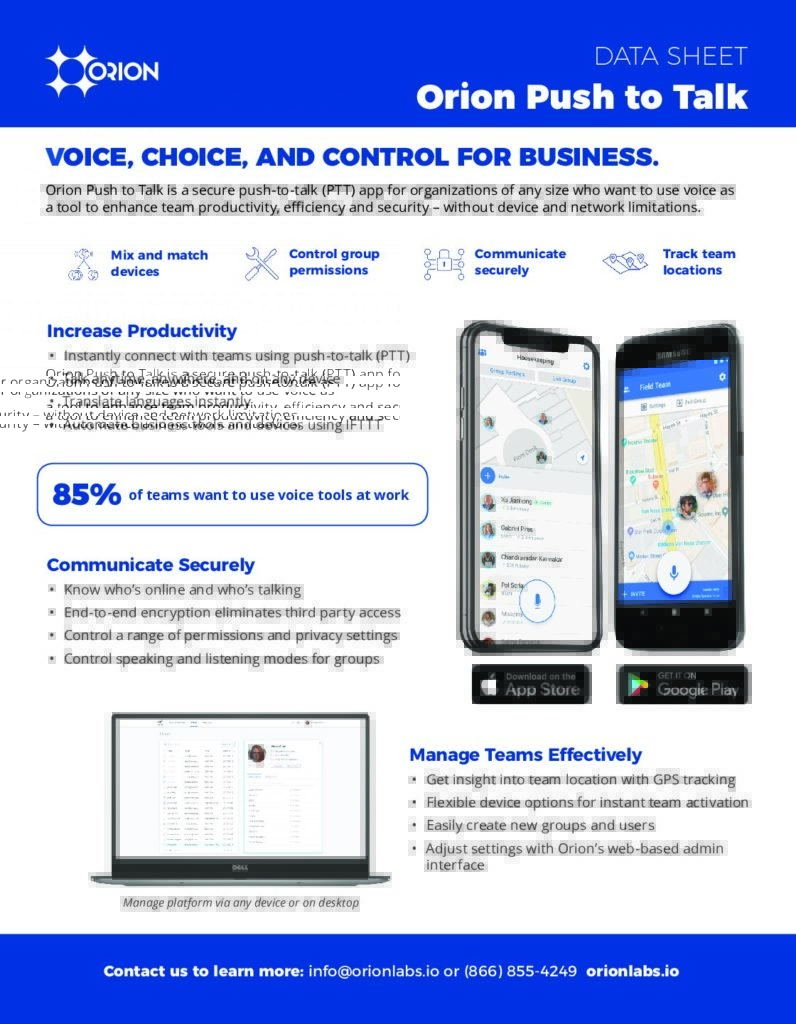 Orion Push to Talk App Data Sheet