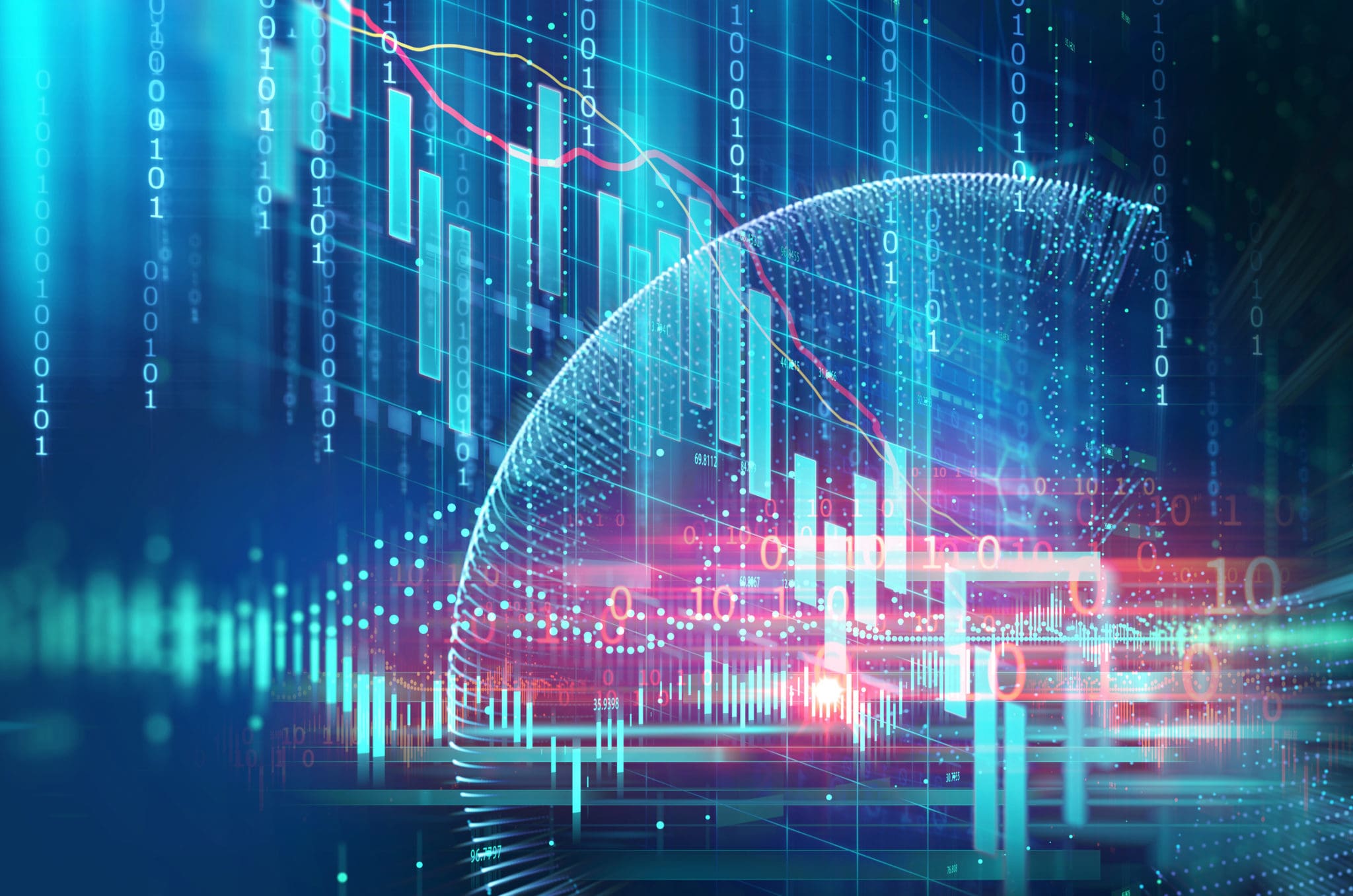 Decorative image of chart graphics, binary code, globe graphic